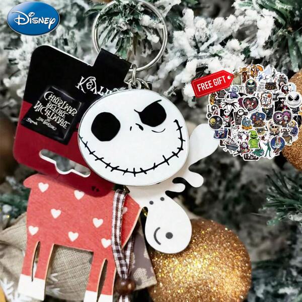 Disney 1 PIEZA Llavero de aleación con la imagen oficialmente con licencia de Disney de Jack Skellington, el estilo oscuro de Tim Burge, de la Pesadilla antes de Navidad. Regalo gratis de 50 pegatinas del mismo IP hechas de material de aleación, duraderas y resistentes al color, que se pueden usar como colgante portátil, decoración de llave de coche, mochila. Una opción festiva para regalos de edición limitada de Halloween y Navidad de la colección de estética oscura.