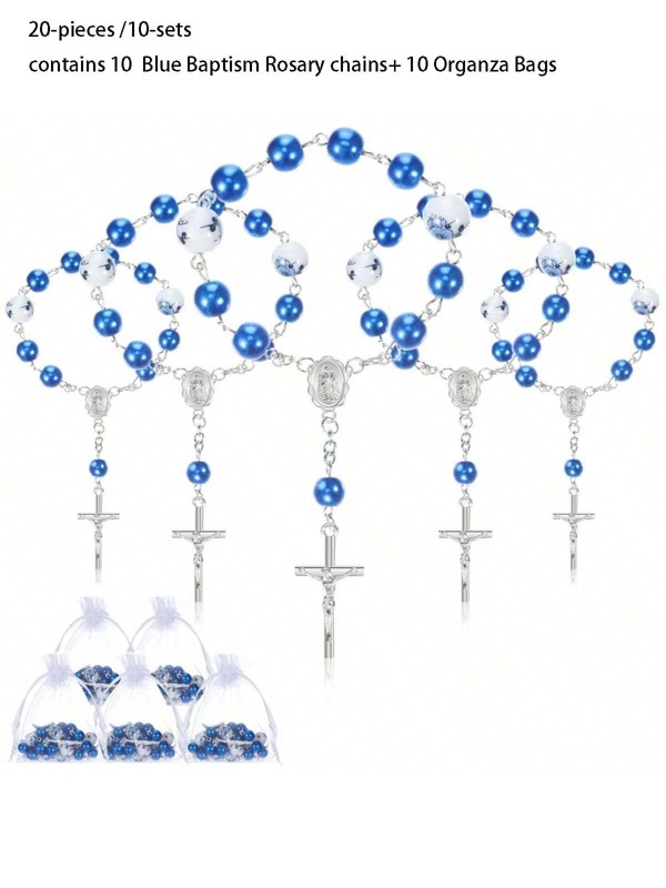1/5/10 Sets Blue Baptism Rosary Mini Rosaries Small Rosary Party Favors Beaded Finger Rosary With Organza Bags For The First Holy Communion Baptism Party Gift Christening Weddings