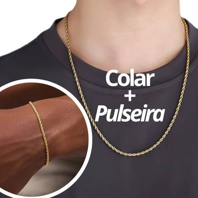 Kit Colar e Pulseira Cordão baiano Aço Inox Dourado Legítimo