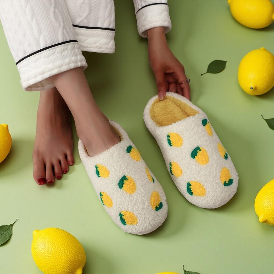 1 双白色柠檬印花可爱毛绒面料水果图案拖鞋，舒适软底室内鞋，适合居家、节日、秋冬季，白色和黄色对比，最佳礼物选择 - 白色 - 查看 1