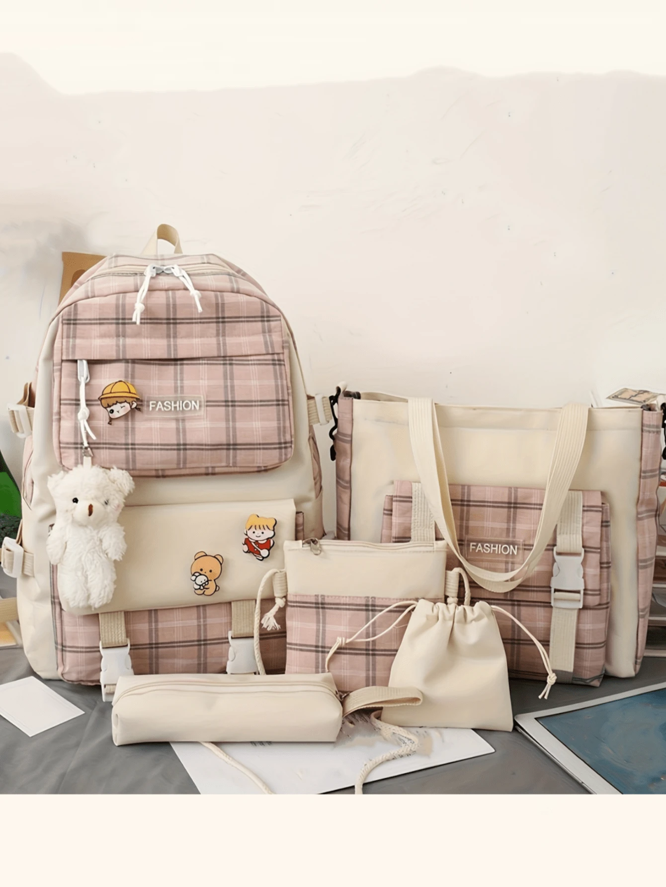 5pcs/Set Back To School Fashion New Classic Simple Plaid Cute Large Capacity Backpack, Suitable For Various Occasions , Bow - Pink - View 1