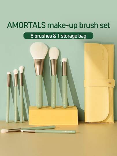 Amortals 8pcs Makeup Brushes Set In Green Velvet Pouch: Face Makeup Brushes For Foundation, Blush, Concealer, Nose Contouring, Eye Shadow - Soft Bristles, Suitable For Beginners To Professionals, Great Gift For Daily, Party, Travel,Brush Set,Makeup Brush Kit,Make Up Brush Set,Make Up Set Complete,Makeup Brush Set,Complete Makeup Kit,Brush Kit,Brushes Makeup Set,Makeup Gift Set