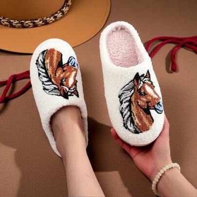 1 par de zapatillas de felpa con diseño de caballo de estilo vaquero y dibujos animados, de estilo unisex, adecuadas para el hogar, vacaciones, otoño/invierno, con suela antideslizante y suave, regalo para amantes de los caballos