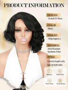 Short Curly Wig, Side Part,Voluminous Natural Curly Hair, No Bangs, Synthetic Fiber Wig, Soft And Comfortable, Suitable For Wedding, Cosplay And Daily Wear. - Black - View 5