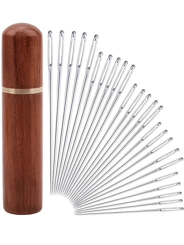 25 Stücke Set große Augen Nähnadeln - Kreuzstich, Leder- und Stickereinadel mit Holznadel-Etui für einfache Aufbewahrung