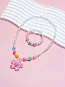 2 peças/Conjunto Colar Pingente de Flor Fofo e Conjunto de Pulseira de Contas, Adequado para Meninas Diariamente, Festivais, Festas e Presentes de Aniversário