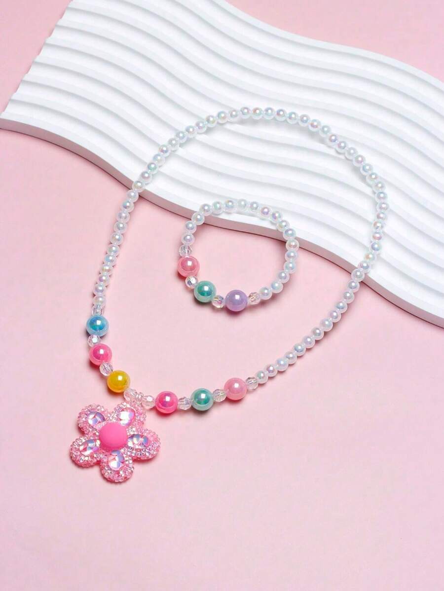 2 peças/Conjunto Colar Pingente de Flor Fofo e Conjunto de Pulseira de Contas, Adequado para Meninas Diariamente, Festivais, Festas e Presentes de Aniversário