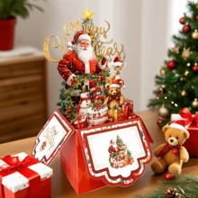 4层图案圣诞3D盒子贺卡，圣诞老人麋鹿圣诞树图案，红色圣诞礼物3D盒子贺卡，特别圣诞派对邀请函（带信封）