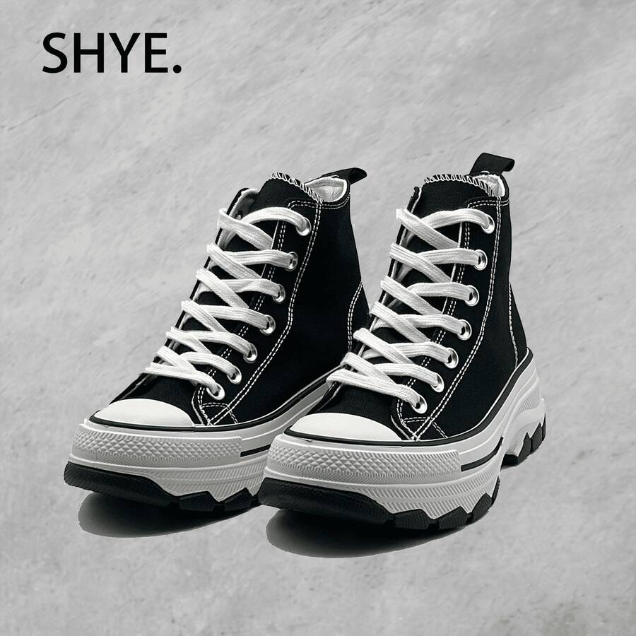 Women's Preppy Lace-Up Platform Canvas Sneakers - màu đen - Xem 1