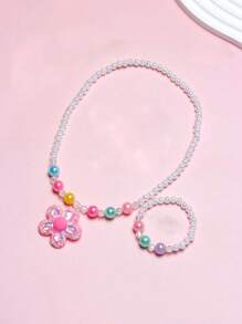 2 peças/Conjunto Colar Pingente de Flor Fofo e Conjunto de Pulseira de Contas, Adequado para Meninas Diariamente, Festivais, Festas e Presentes de Aniversário