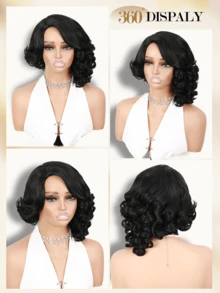 Short Curly Wig, Side Part,Voluminous Natural Curly Hair, No Bangs, Synthetic Fiber Wig, Soft And Comfortable, Suitable For Wedding, Cosplay And Daily Wear. - Black - View 4