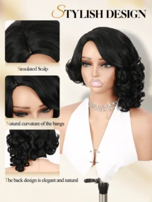 Short Curly Wig, Side Part,Voluminous Natural Curly Hair, No Bangs, Synthetic Fiber Wig, Soft And Comfortable, Suitable For Wedding, Cosplay And Daily Wear. - Black - View 3