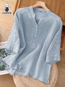 Plus Size Random Embroidery Casual Loose Fitting Women Blouse, Spring/Summer - Blue - View 6