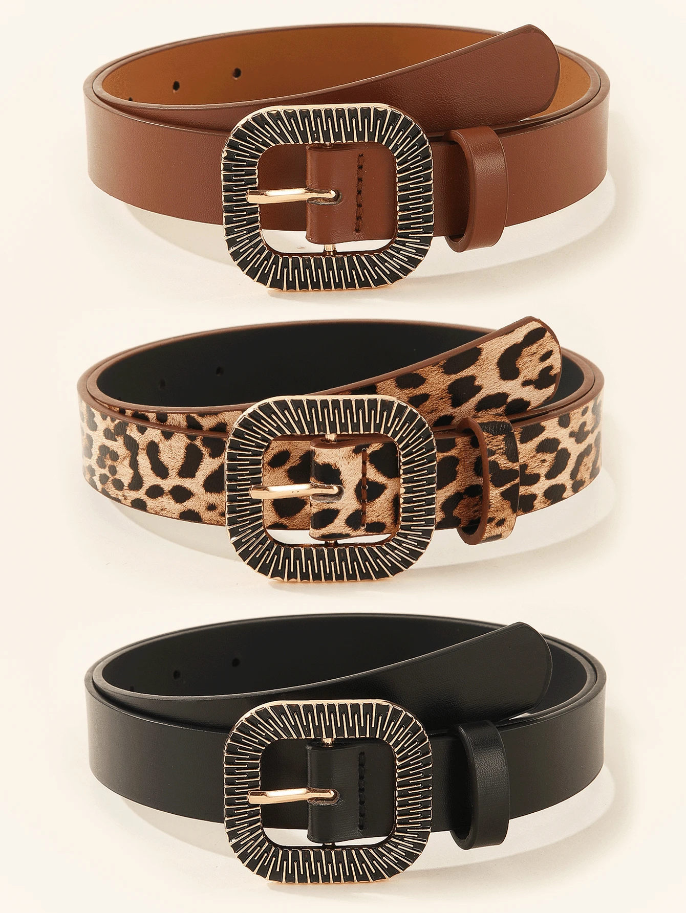 3 件金属金色太阳符号仿皮腰带，适合连衣裙、T 恤、休闲裤、时尚豹纹女式腰带秋季、秋季、万圣节 - 彩色 - 查看 1