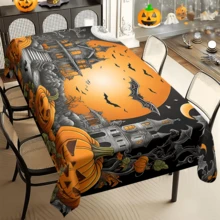 1/20 piezas Mantel de Halloween, diseño con calabaza, castillo y murciélago, mantel rectangular de poliéster reutilizable para el hogar, restaurante o decoración de la sala de estar, hecho a máquina, accesorios de comedor festivos, decoración de mesa, mantel duradero