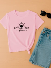 Women's Baby Look T-Shirt Let Your Light Shine Let Your Light Shine Personalized Phrases Various Colors 100% Cotton - 淺粉色 - 查看 2