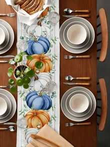 1pc/25pcs Pumpkin Table Runner Long Linen Table Runner, Thanksgiving Eucalyptus Leaves Burlap Table Setting Fall Decor Farmhouse Tabletop Dresser Scarves For Kitchen Dinner Party