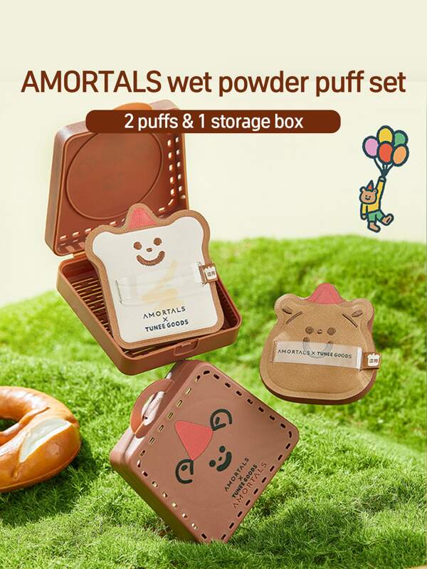 Amortals 2pcs Bread Makeup Sponges + 1pc Bear Storage Box, Cute Toast Air Cushion Cotton Candy, Suitable For Liquid Foundation, Wet Use, Fashionable For Young Girls, Y2K, Campus, Commute, Cosplay, Holiday, Birthday Gift