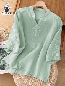 Plus Size Casual Loose Women Top With Embroidery Decoration, Suitable For Spring/Summer - Mint Green - View 3