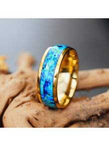 Unisex 8mm 316L Stainless Steel Ring With Synthetic Meteorite & Abalone Shell Inlay - Iridescent Mother-Of- Accents, Durable Wedding Band For Men & Women, Valentine's Day Gift, Everyday Jewelry, Anniversary Gift, Unique Pattern, Polished Finish, Fashion Lovers, Modern Jewelry, Highquality Jewelry, Statement Jewelry, Jewelry Collectors
