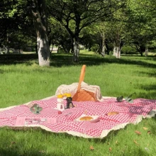 1 pieza Alfombra portátil para picnic y exteriores, material de lino, decoración de cuadros y encaje, accesorio para camping y fotografía