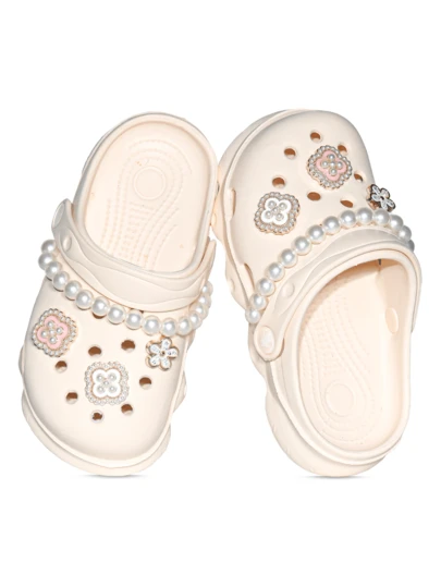 HOEASE 1 Pair Girls' Cute Wooden Clogs, EVA Breathable Soft Sole, Comfortable Beach & Garden Shoes, Decorated With Pink Flower Pendant And Pearl Chain, Suitable For Boys And Girls, Ideal Gift For Halloween And Christmas, Suitable For All Seasons