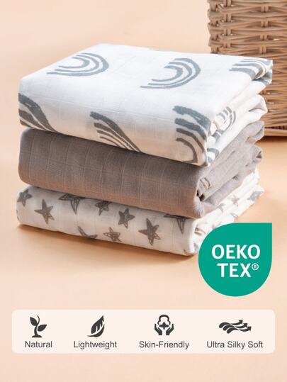 3 قطع/عبوة شهادة أوكو-تكس للرضع والأطفال الصغار، بطبعات نجوم ونمط وخطوط وألوان سادة، بطانيات لف ناعمة وقابلة للتنفس لجميع المواسم