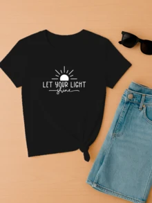 Women's Baby Look T-Shirt Let Your Light Shine Let Your Light Shine Personalized Phrases Various Colors 100% Cotton - 黑色 - 查看 2