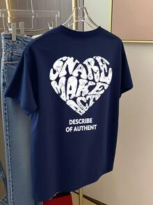 Kaos Wanita Lengan Pendek Motif Hati, Kaos Grafis Bergaya Kasual Musim Panas - Angkatan laut - View 2