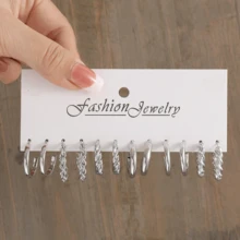 12 件复古朋克几何方形 C 形环形耳环，波西米亚风格仿珍珠大环形耳环套装，适合女性的休闲日常百搭珠宝 - 理想的节日礼物 - 銀色 - 查看 11