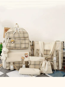 5 件/套 回到学校时尚新款经典简约格子可爱大容量背包，适合各种场合 - 卡其色 - 查看 1
