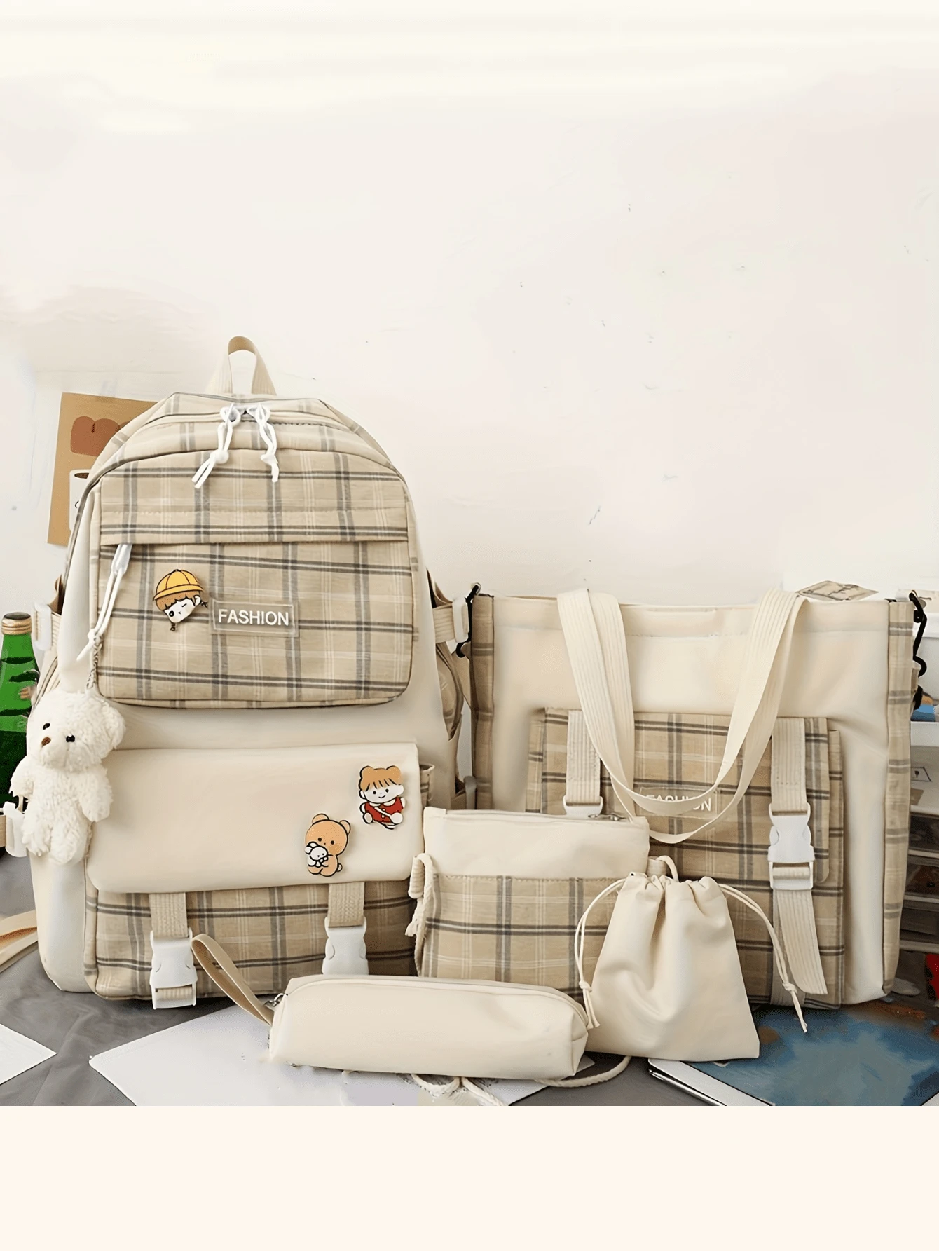 5 件/套 回到学校时尚新款经典简约格子可爱大容量背包，适合各种场合 - 卡其色 - 查看 1