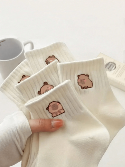 5 Pairs Cute Slouchy Capybara Women Socks, Suitable For Home & Sports Wear