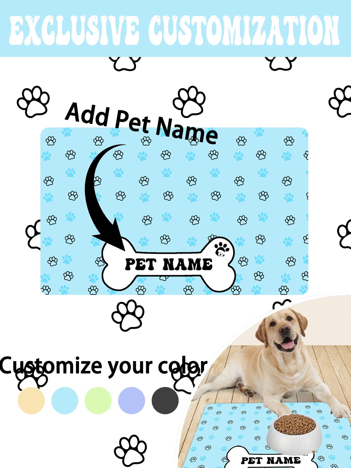 1 pieza Almohadilla de alimentación para mascotas personalizada con nombre - Antideslizante, de fibra de poliéster de secado rápido, diseño de huella de pata en forma de hueso, "Nombre de mascota" personalizado, decoración del hogar creativa y regalo