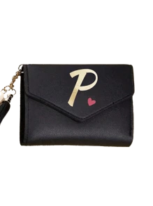 1pc Women's Folding Short Wallet, Black PU Leather Material, Printed With A-Z Letters And Pink Hearts, Cute Girl Coin Purse, Fashion Ladies Card Holder, Mini Tassel Wallet, Waterproof And Portable, Large Capacity, Can Hold Credit Cards, ID, Cash, Etc. - Black - View 24