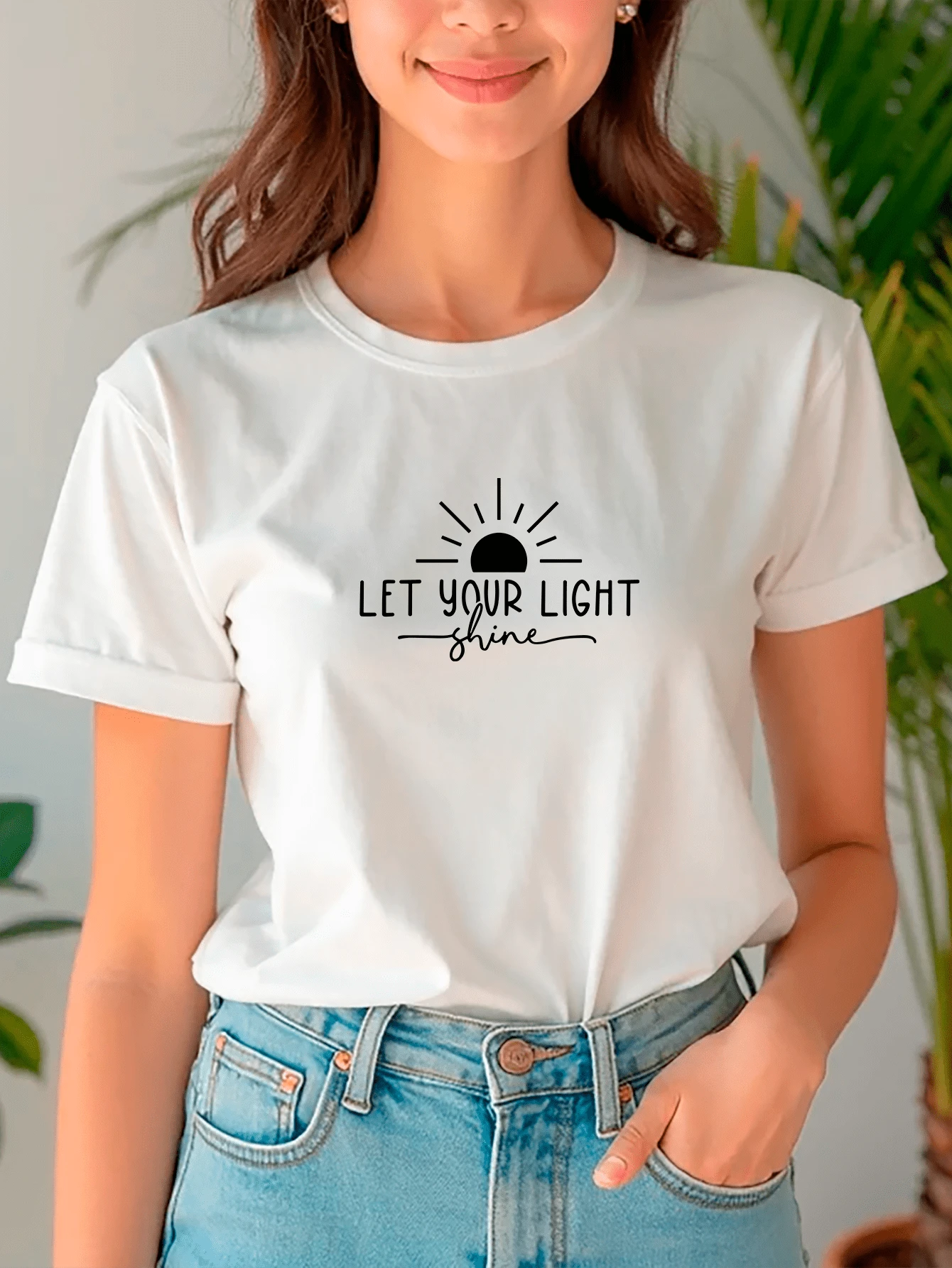Women's Baby Look T-Shirt Let Your Light Shine Let Your Light Shine Personalized Phrases Various Colors 100% Cotton - 白色 - 查看 1