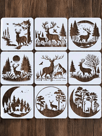 9 件圣诞主题绘画模板、剪贴簿装饰模板、DIY 手绘模板、绘图描图纸、涂鸦印刷模板、PET 激光切割模板，适用于艺术、工艺品、缝纫、可重复使用绘画套件、学校用品、返校