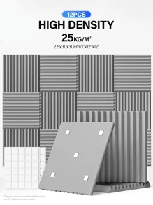 ODEK PRETTY 12 件 - 12x12x1/2 英寸声学处理墙板，适用于录音室、音乐室、游戏空间、播客、降噪和吸音材料 | 聚酯楔形吸音泡沫 | 双面胶 - 彩色 - 查看 12