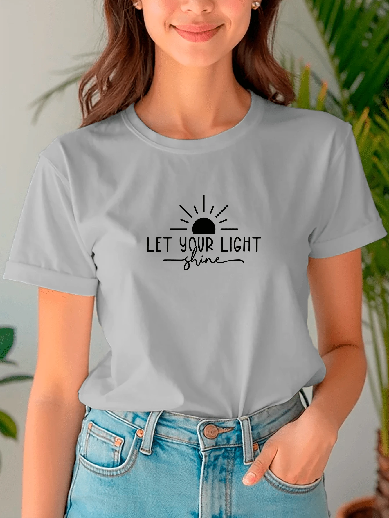 Women's Baby Look T-Shirt Let Your Light Shine Let Your Light Shine Personalized Phrases Various Colors 100% Cotton - 灰色 - 查看 1