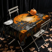 1/20 piezas Mantel de Halloween, diseño con calabaza, castillo y murciélago, mantel rectangular de poliéster reutilizable para el hogar, restaurante o decoración de la sala de estar, hecho a máquina, accesorios de comedor festivos, decoración de mesa, mantel duradero