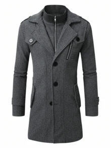 Men's Solid Color Minimalist Everyday Long Sleeve Overcoat - Dark Grey - View 3