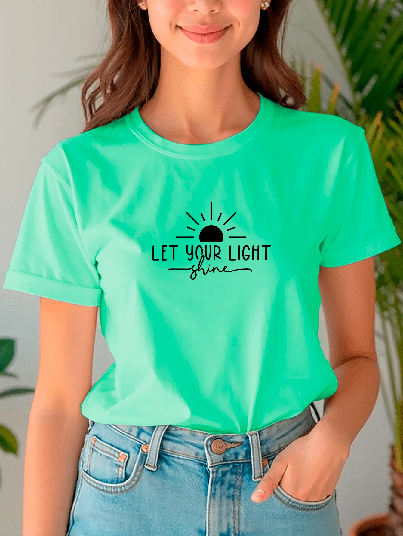 Women's Baby Look T-Shirt Let Your Light Shine Let Your Light Shine Personalized Phrases Various Colors 100% Cotton - 薄荷綠 - 查看 1