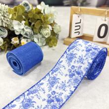 2Rolls, Blue White Floral Wired Edge Ribbon, Chinoiserie Ribbon Vintage Floral Peony Patterned Fabric Ribbon For Gift Wrapping, Wedding Deration, Wreath Bow Making