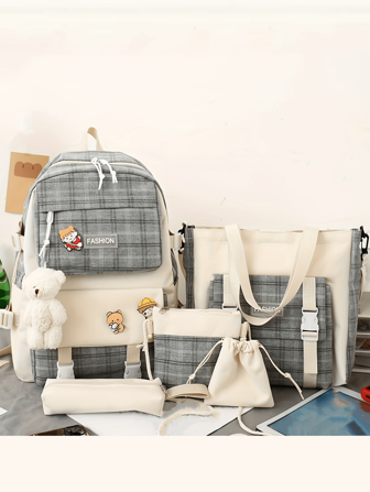 Set de 5 mochilas escolares de gran capacidad con diseño clásico y sencillo a cuadros, aptas para diversas ocasiones