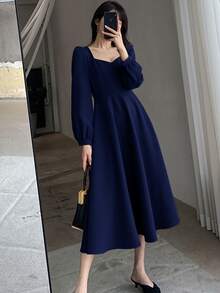 Vestidos largos de mujer Hepburn vintage cuello en v largo temperamento vestidos largos - Azul Marino - Ver 4