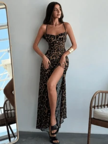 Women's Sexy Elegant Leopard Print Dress For Daily Wear, Open Back And Design, Cross Back And Spaghetti Straps, Sexy Leopard Print And Ruched Waist - 棕色 - 查看 1