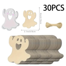 10/20/30pcs Wooden Ghost Shape DIY Crafts - With 10m Long Rope, Unfinished Wood Cutouts Suitable For Painting, Graffiti Art, Halloween Hanging Decor - Apricot - View 1