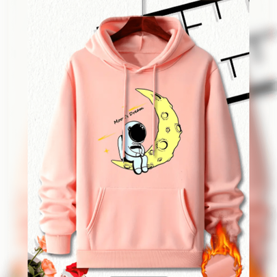 Moletom Casual Masculino Azul com Estampa de Astronauta & Lua - Manga Longa, 100% Poliéster, Lavável à Máquina, Padrão Geométrico, Bolsos Incluídos