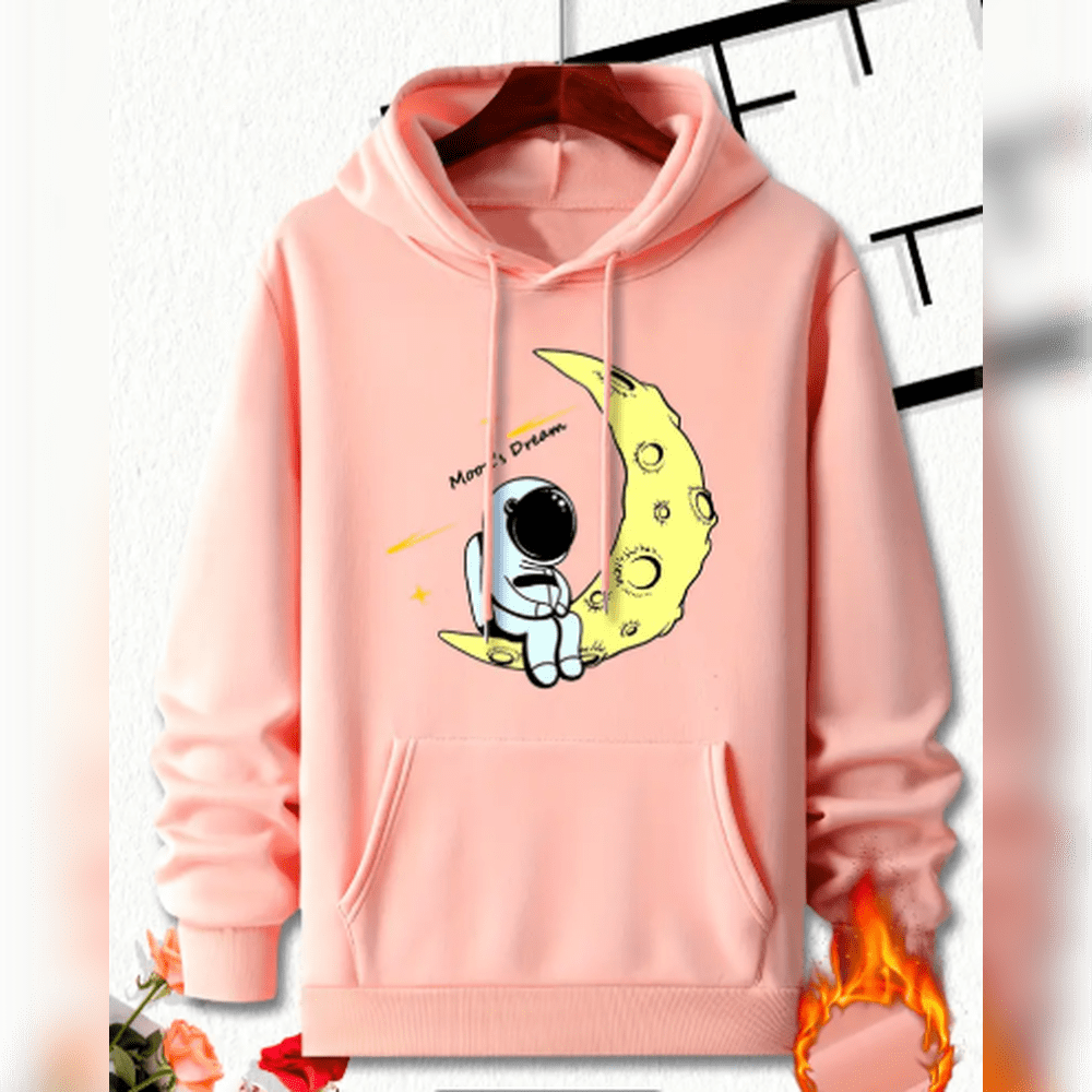 Moletom Casual Masculino Azul com Estampa de Astronauta & Lua - Manga Longa, 100% Poliéster, Lavável à Máquina, Padrão Geométrico, Bolsos Incluídos