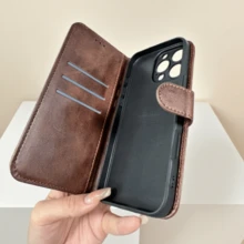 Flip Cover Phone Case, Insert Card Phone Case, Suitable For IPhone 16/15/14/13/12/11 PRO MAX PLUS. Pure Color Leather Phone Case With Retro Magnetic Flip Cover Made Of Artificial Leather. - Brown - View 1